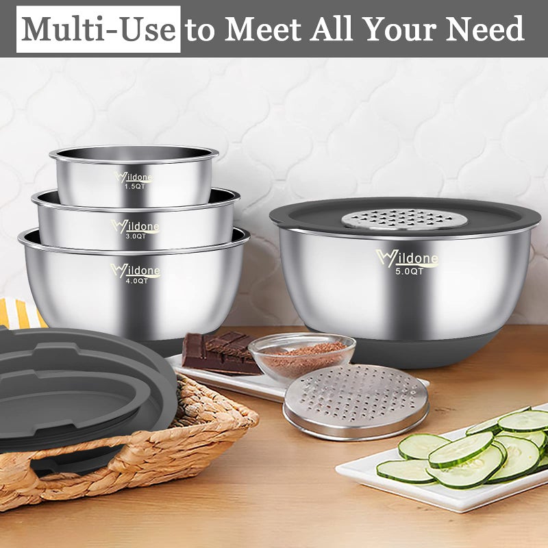 Wildone Mixing Bowls with Airtight Lids, 22 PCS Stainless Steel Mixing Bowls Set, 3 Grater Attachments, Measurement Marks & Non-Slip Bottom, Size 5, 4, 3, 2,1.5, 0.63QT, Ideal for Mixing & Prepping - Image 5